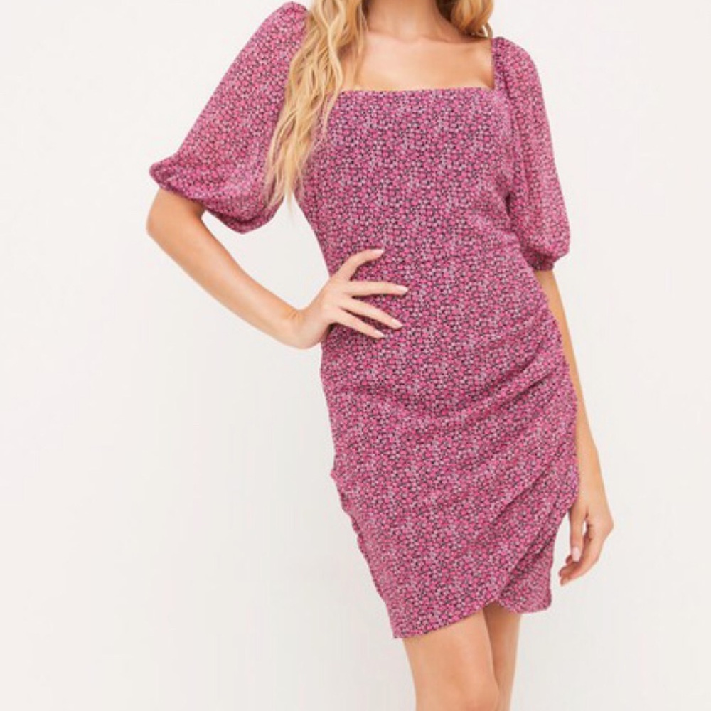 Pink Floral Square Neck Bubble Sheer Sleeve Cottagecore Mini Dress S, M, L